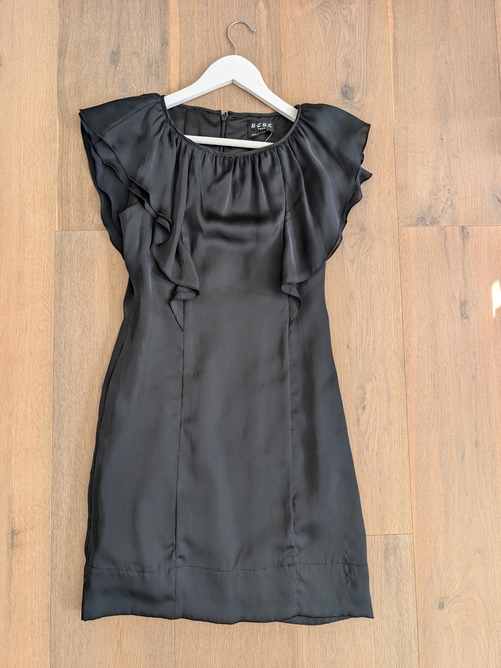 BCBG Black Satin Ruffle Sleeve Mini Dress
